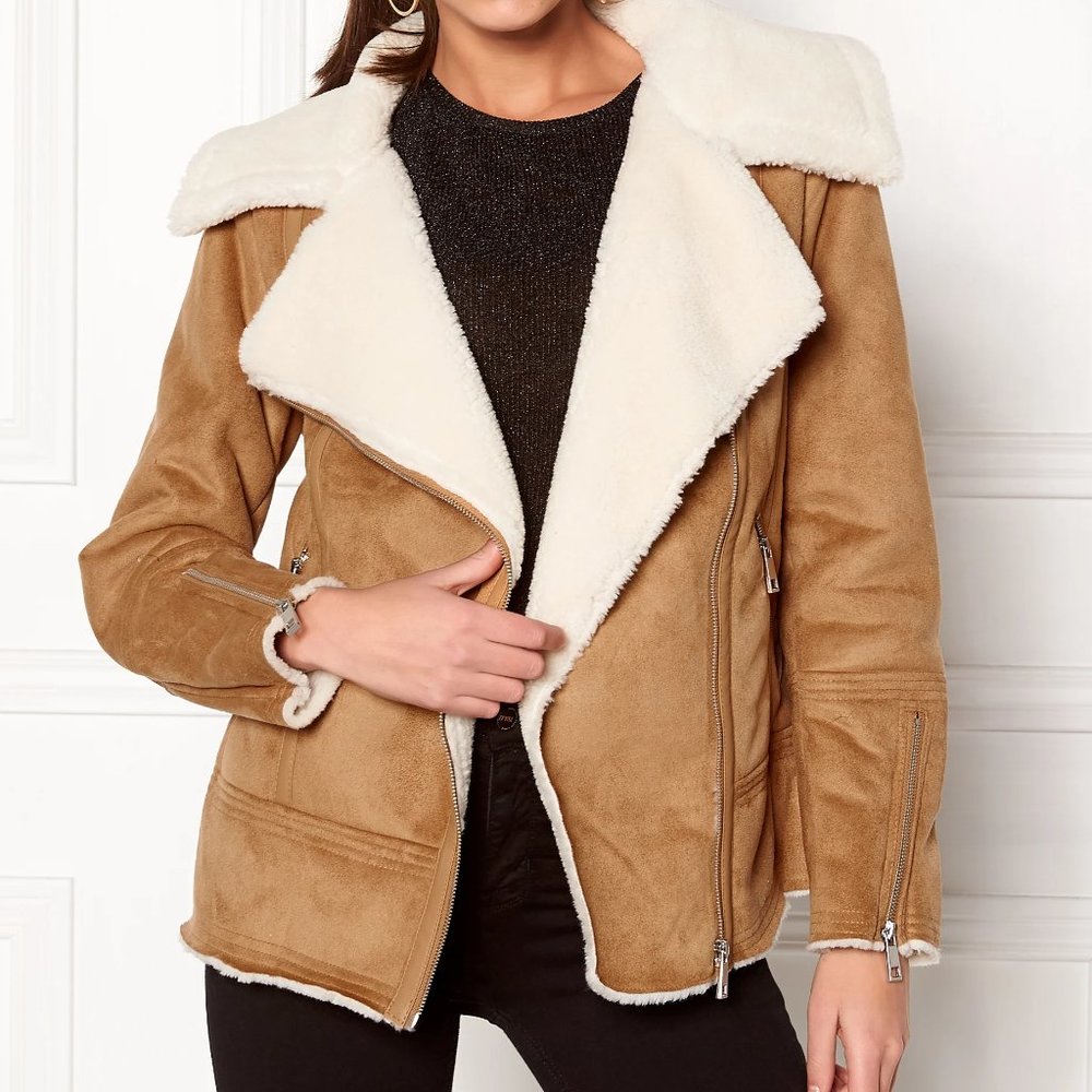 New Look faux sherling tan biker jacket